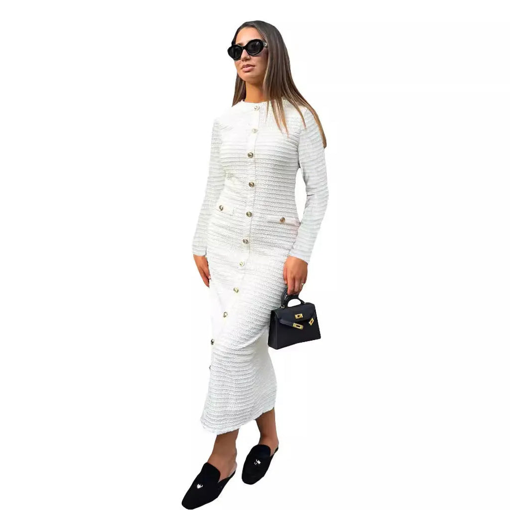 French retro slim fit knitted dress with long sleeves and button details in black colour