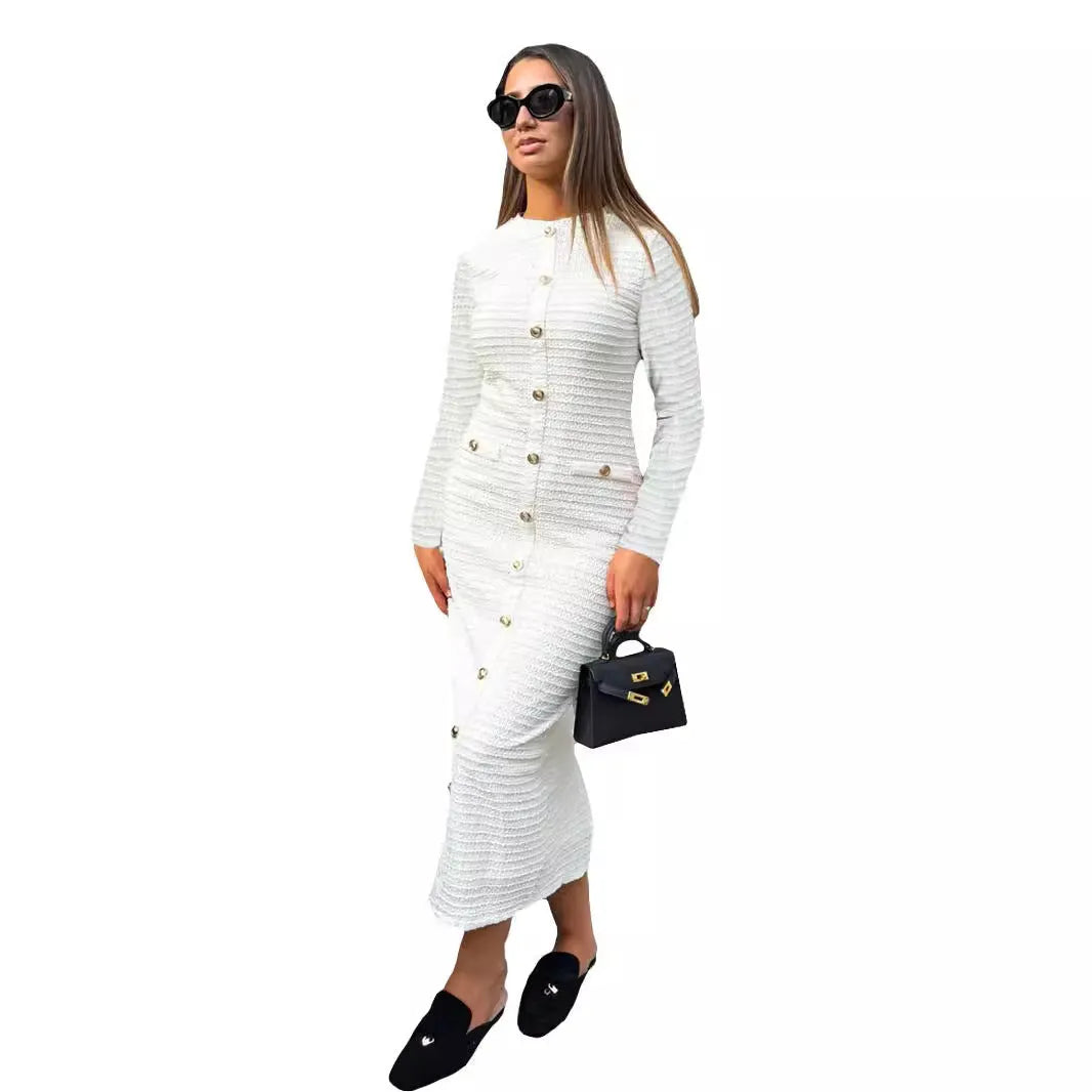 French retro slim fit knitted dress with long sleeves and button details in black colour