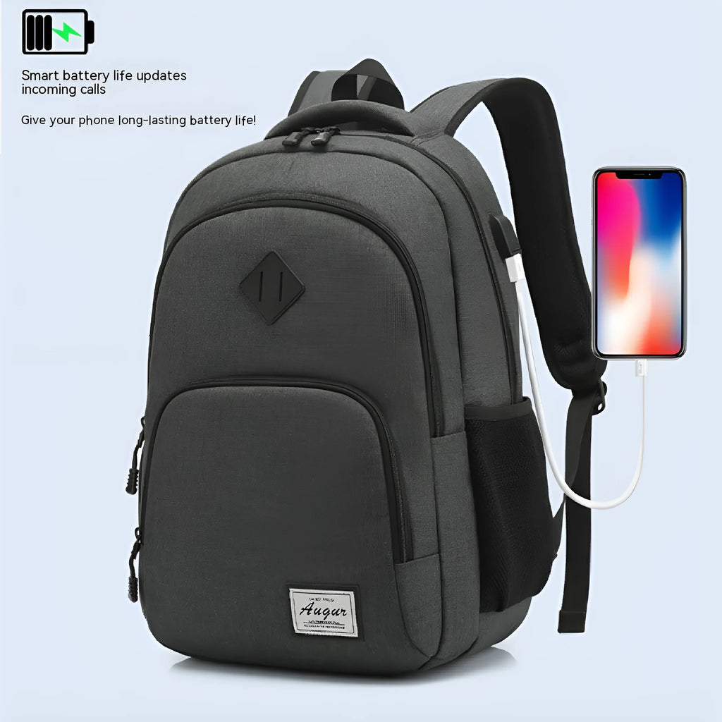 Grey nylon backpack with USB charging port showing dimensions 32cm length by 46cm height