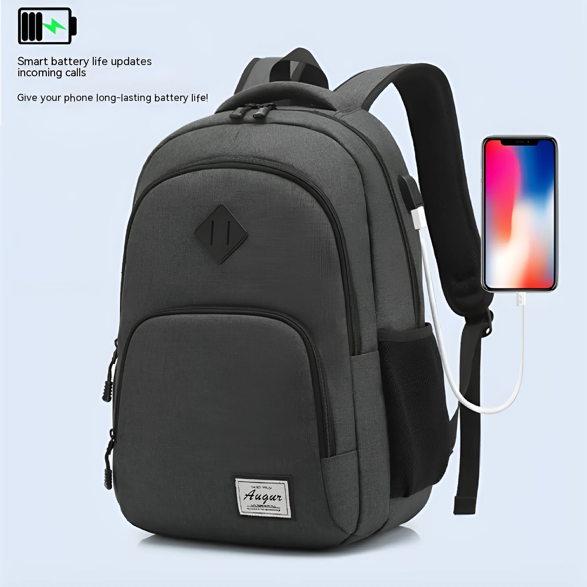 Grey nylon backpack with USB charging port showing dimensions 32cm length by 46cm height