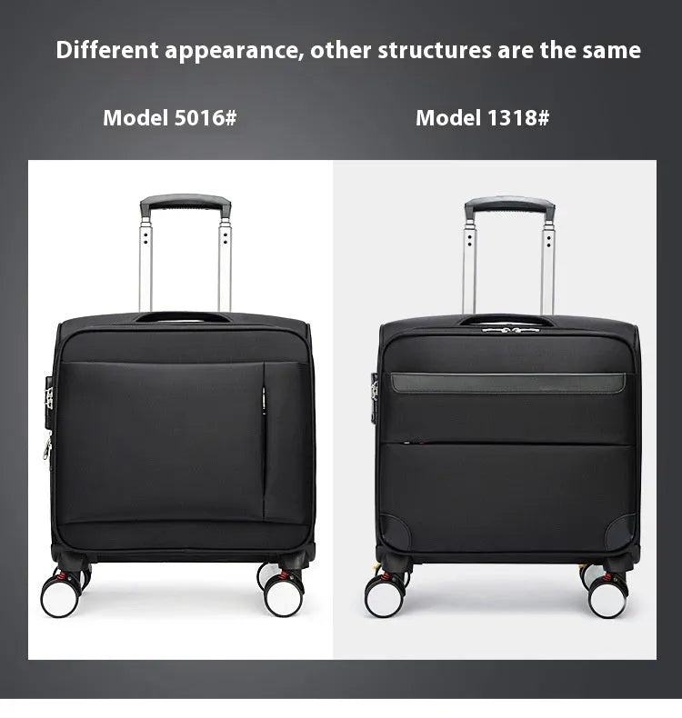 Black 18-inch Oxford cloth business suitcase with pull handle and universal wheels.