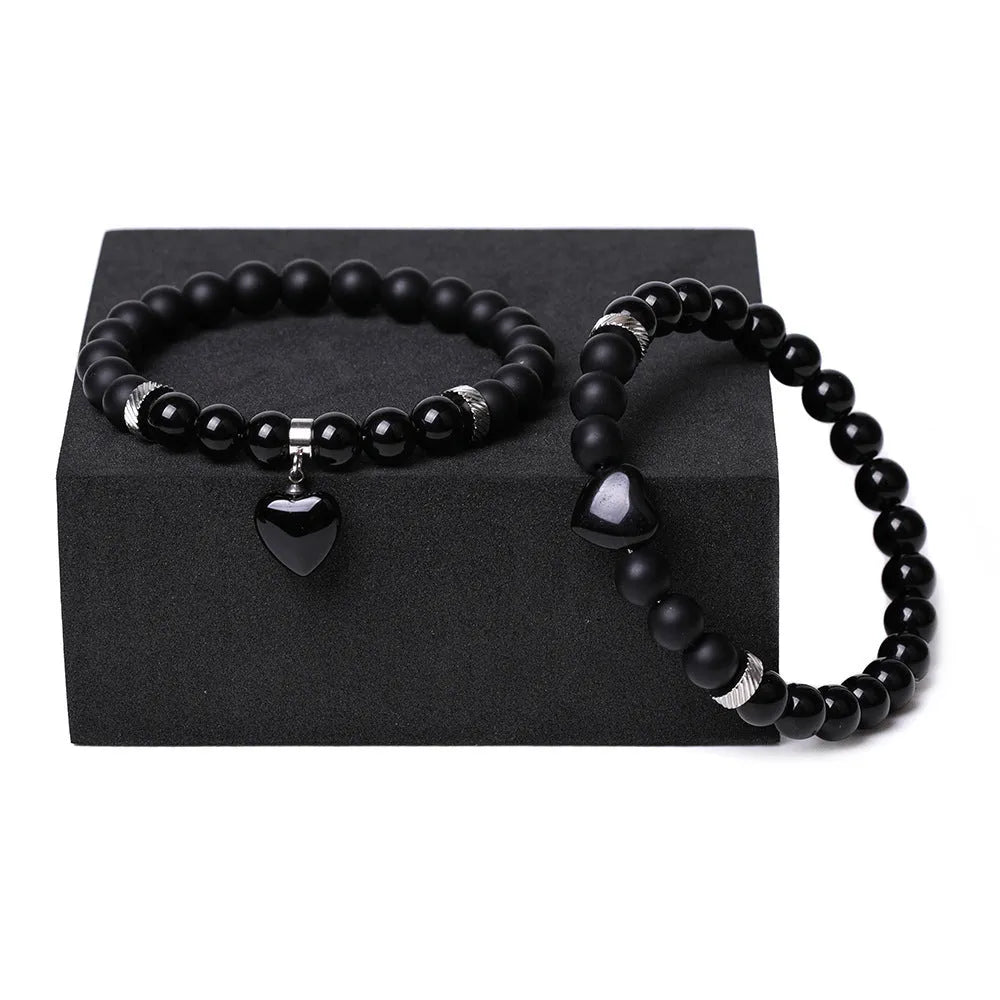 Natural stone couple matching bracelets with geometric heart design in eight colour variations