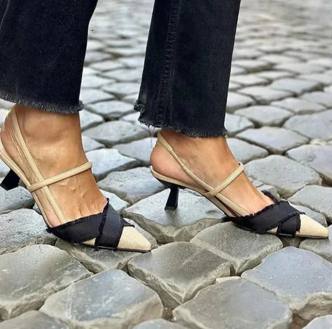 Women's apricot and black colour block stiletto heel sandals with pointed toe and buckle closure