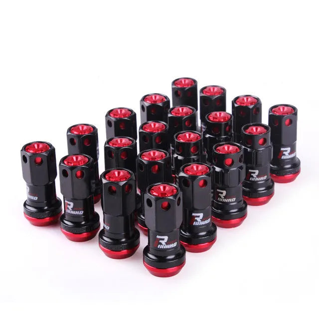 Set of aluminium alloy flat head wheel nuts in various colour combinations including black gold and blue.