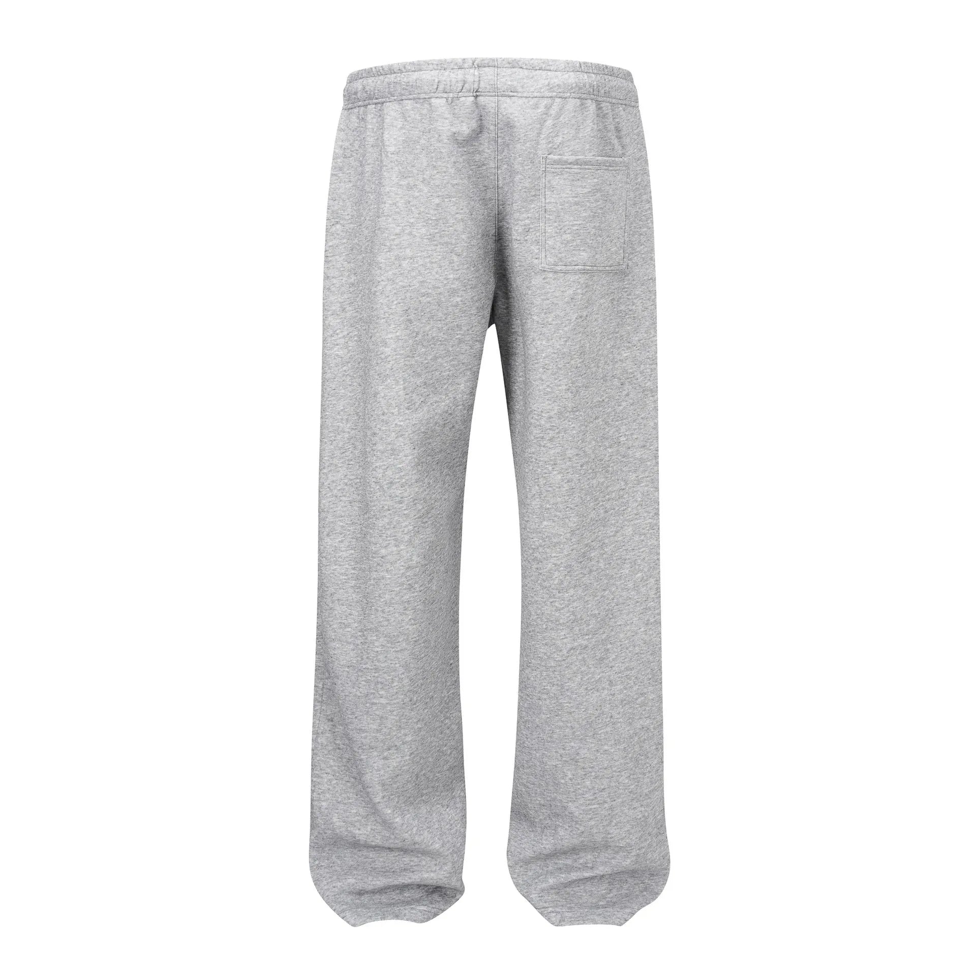 Men's grey straight-leg casual trousers showing wide-leg loose fit and mid waist design