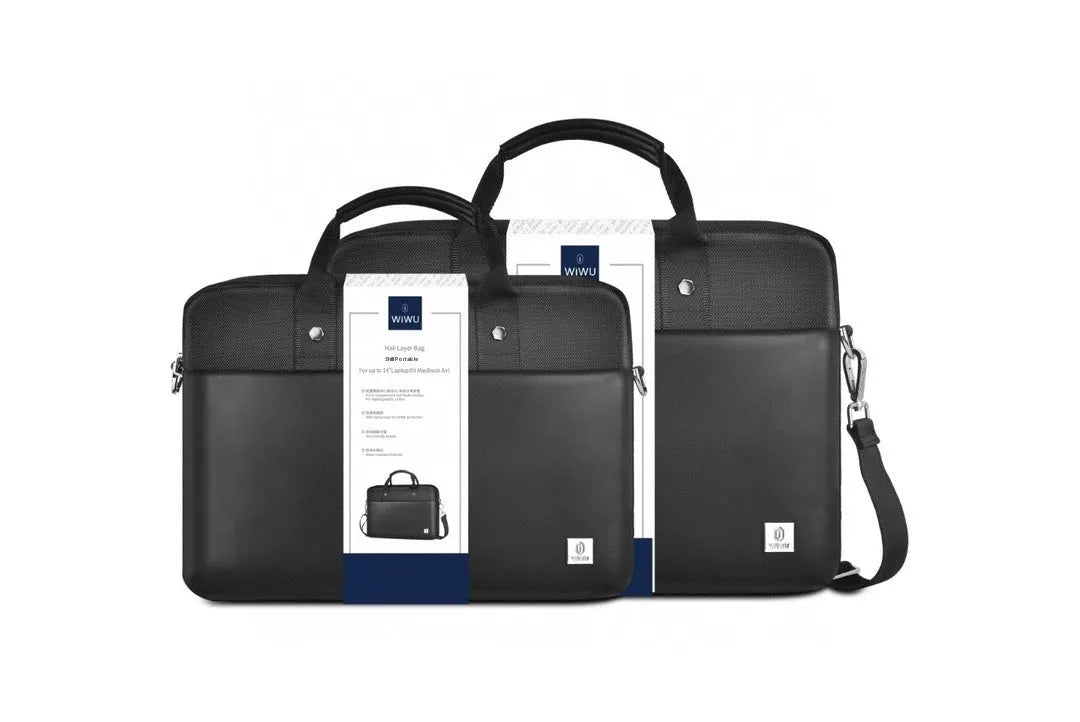 Black Oxford cloth laptop backpack showing multi-pocket organisation and a lock feature.