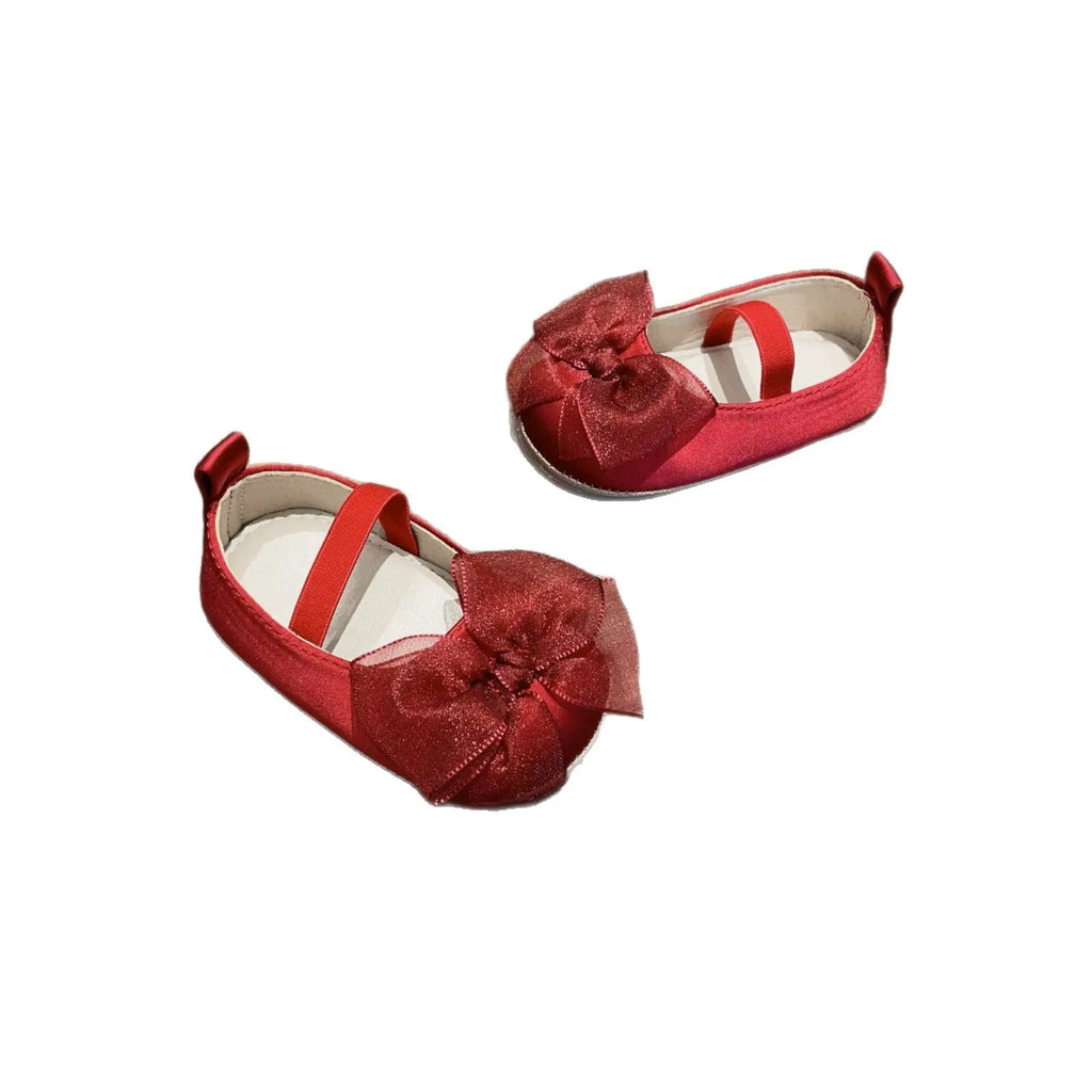 Princess toddler soft bottom pumps in festive red with bow pattern real silk upper elastic band closure