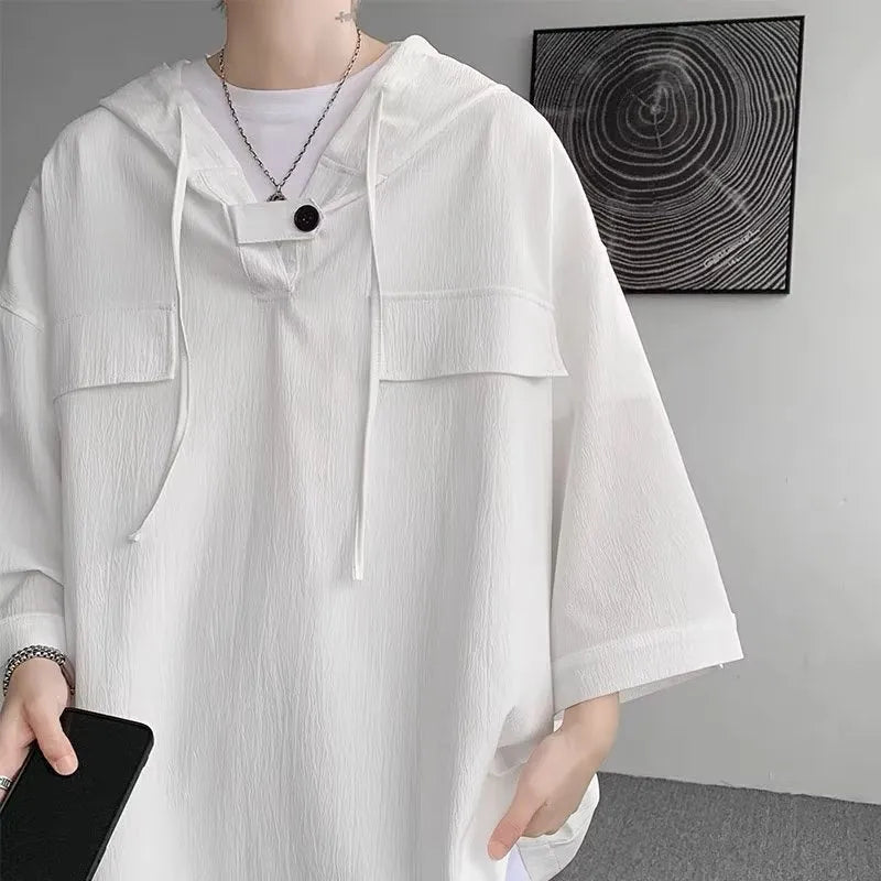 Men's hooded short-sleeve summer t-shirt in polyester loose fit