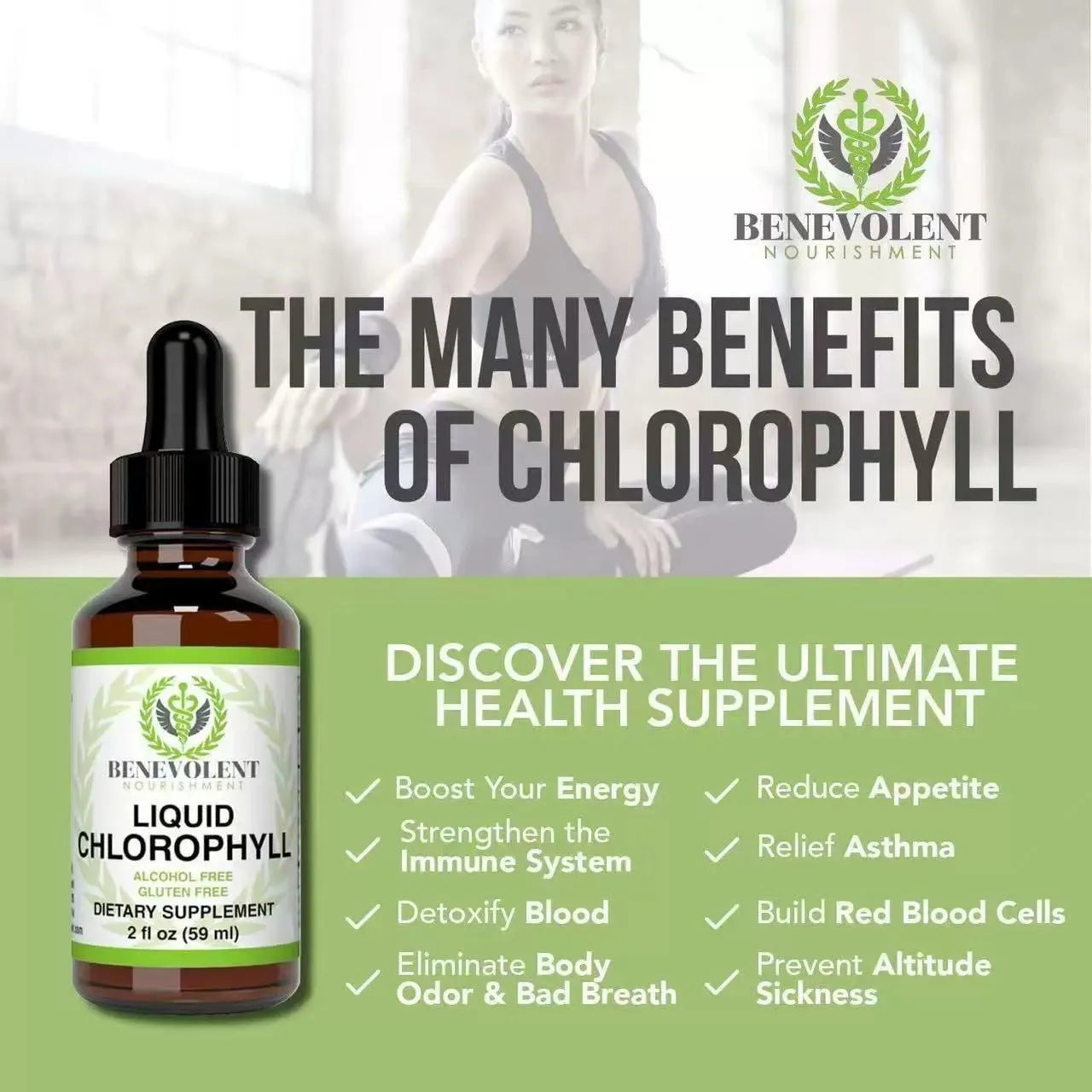 60ml bottle of Natural Body Odor Intestinal Care Liquid Chlorophyll Drops with dropper.