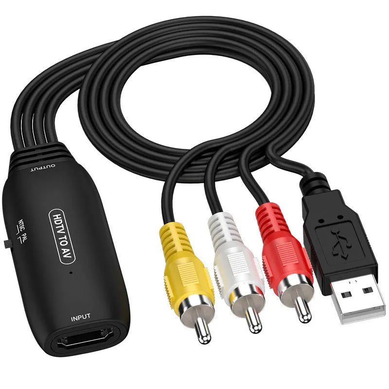 HDMI to AV converter cable with 110cm length and two adapter styles