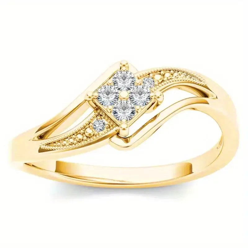 Women's copper diamond ring with micro inlaid zircon decoration in yellow gold colour showing geometric design
