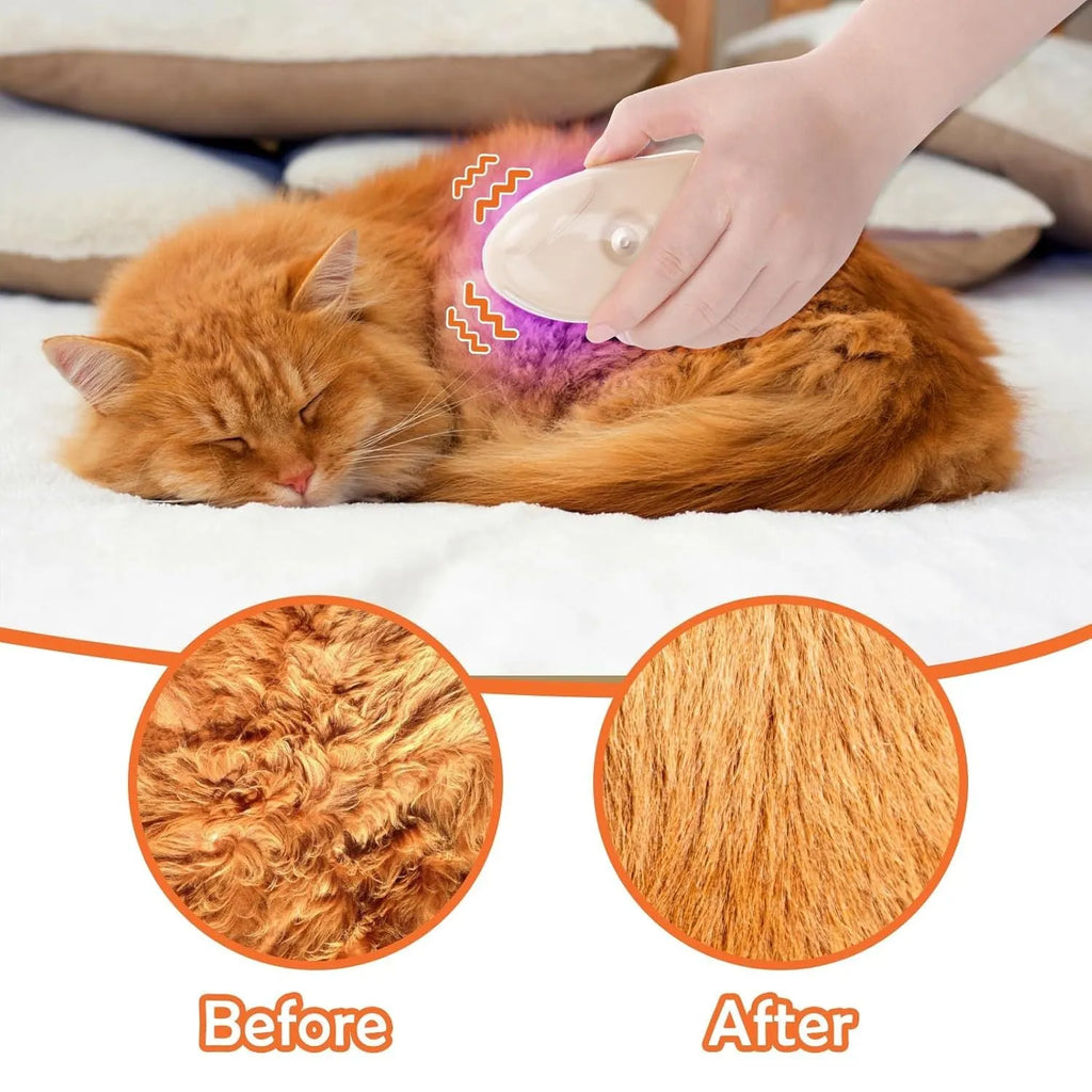 Yellow 4-in-1 cat steam brush with vibration massage, water spray, and ringworm detector measuring 110x65x50mm