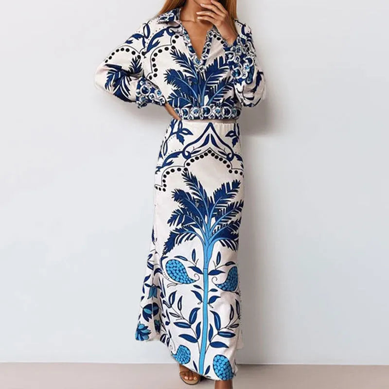 Women's early spring casual two-piece outfit in picture colour, featuring a long-sleeved top and matching long skirt.