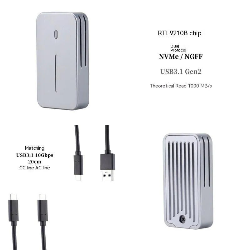 Aluminium alloy NVMe SSD enclosure measuring 5.2cm x 2.8cm with USB-C port