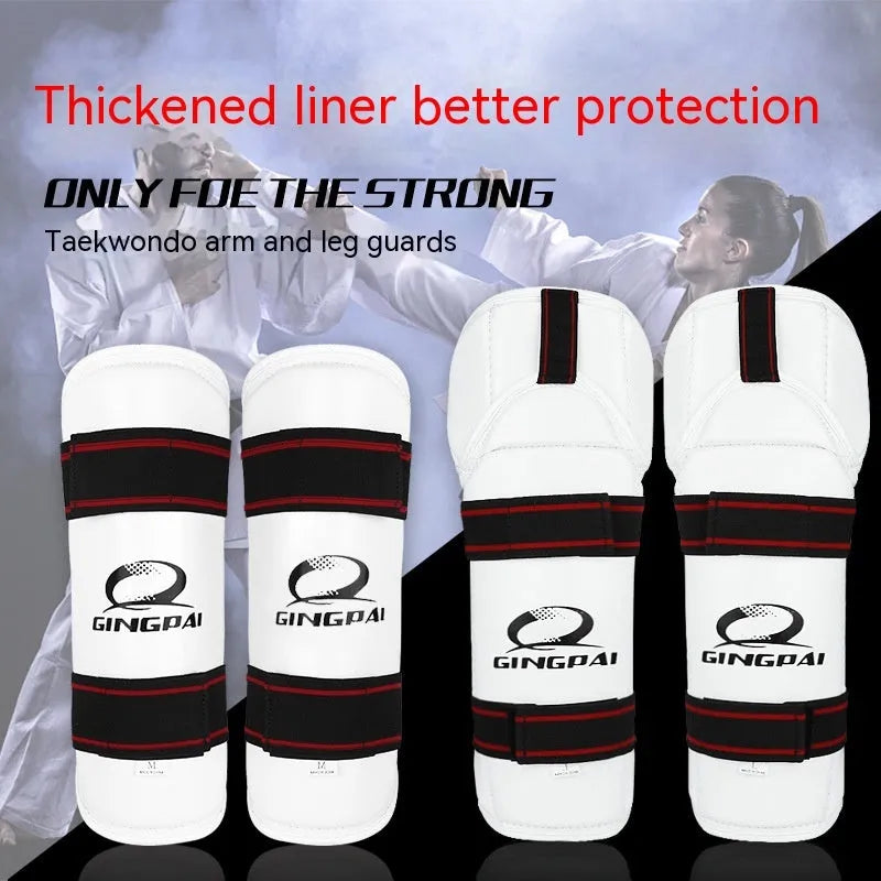 Taekwondo arm and leg protective gear set showing arm guards and leg protectors in standard sizing