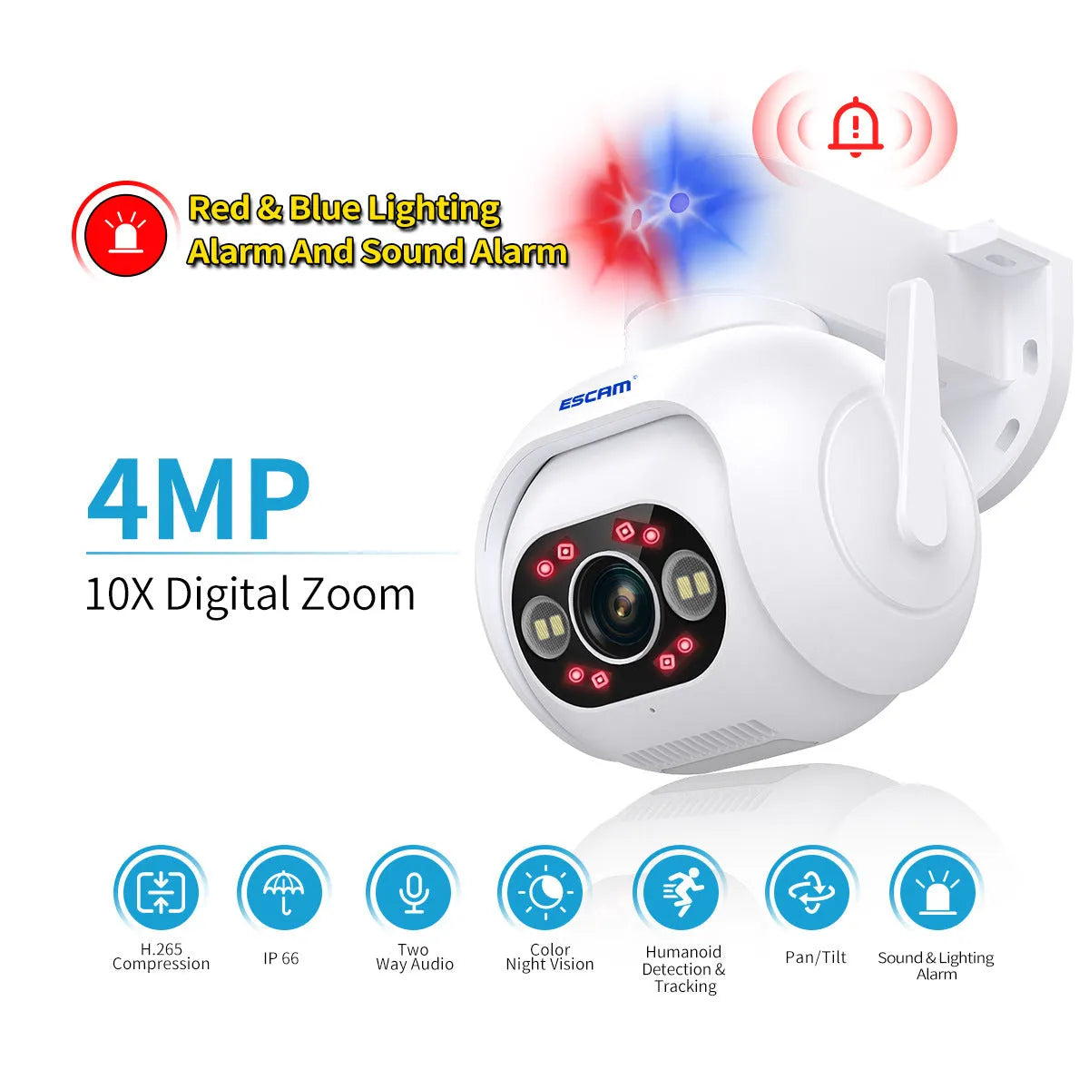 Smart colour night vision H265 security camera with wall mount in plastic housing.