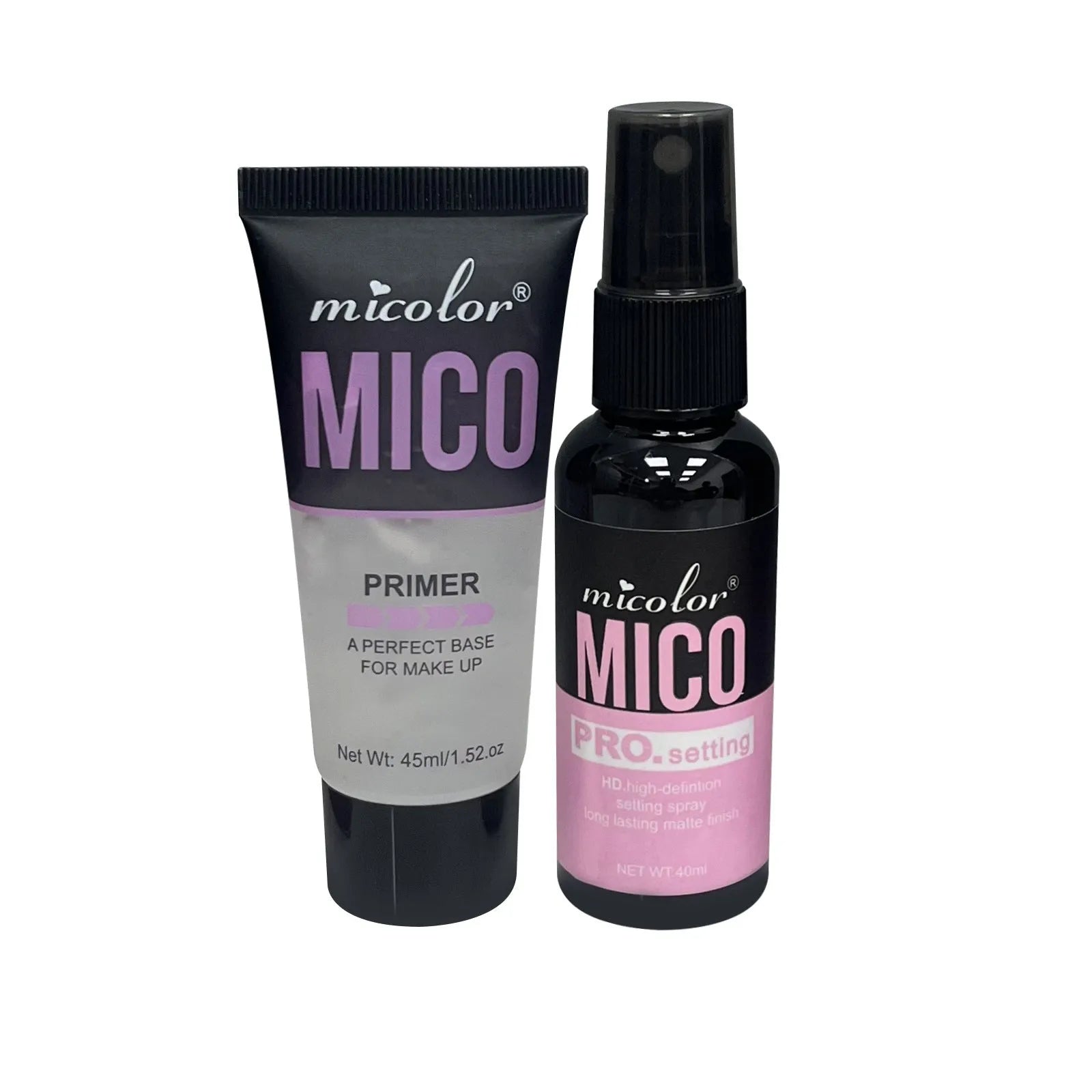Two monochrome makeup spray bottles: 45ml pre makeup lotion and 40ml finishing spray