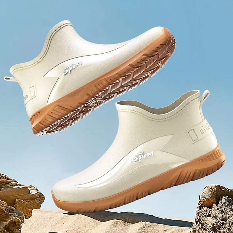 Men's non-slip flat short rubber boots in PVC material showing beige and black colour options