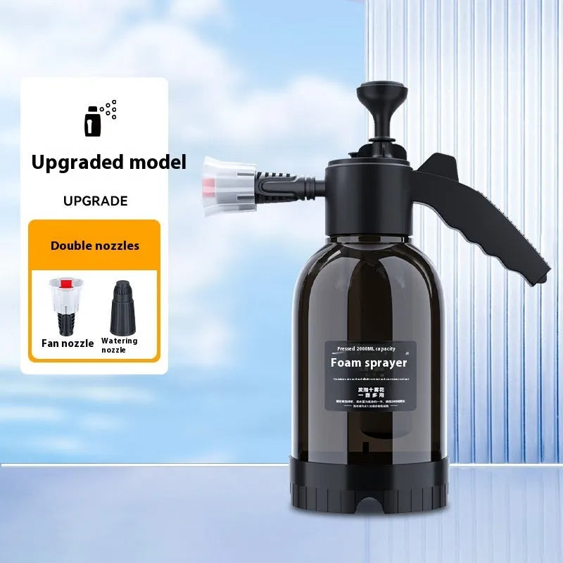 Black hand-held foam sprayer with 2 litre capacity for garden watering and car washing
