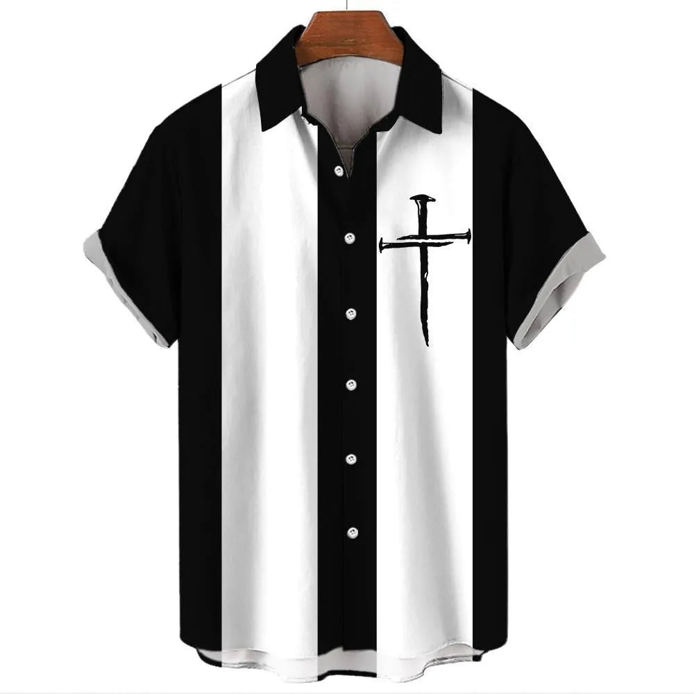 Men's striped Hawaiian shirt with short sleeves and button-up front