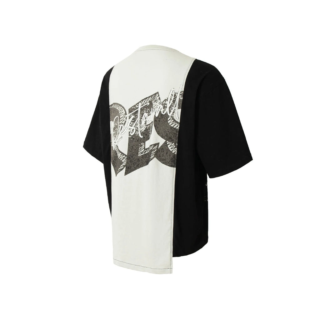 Men's black and white broken collage print t-shirt with loose fit and short sleeves