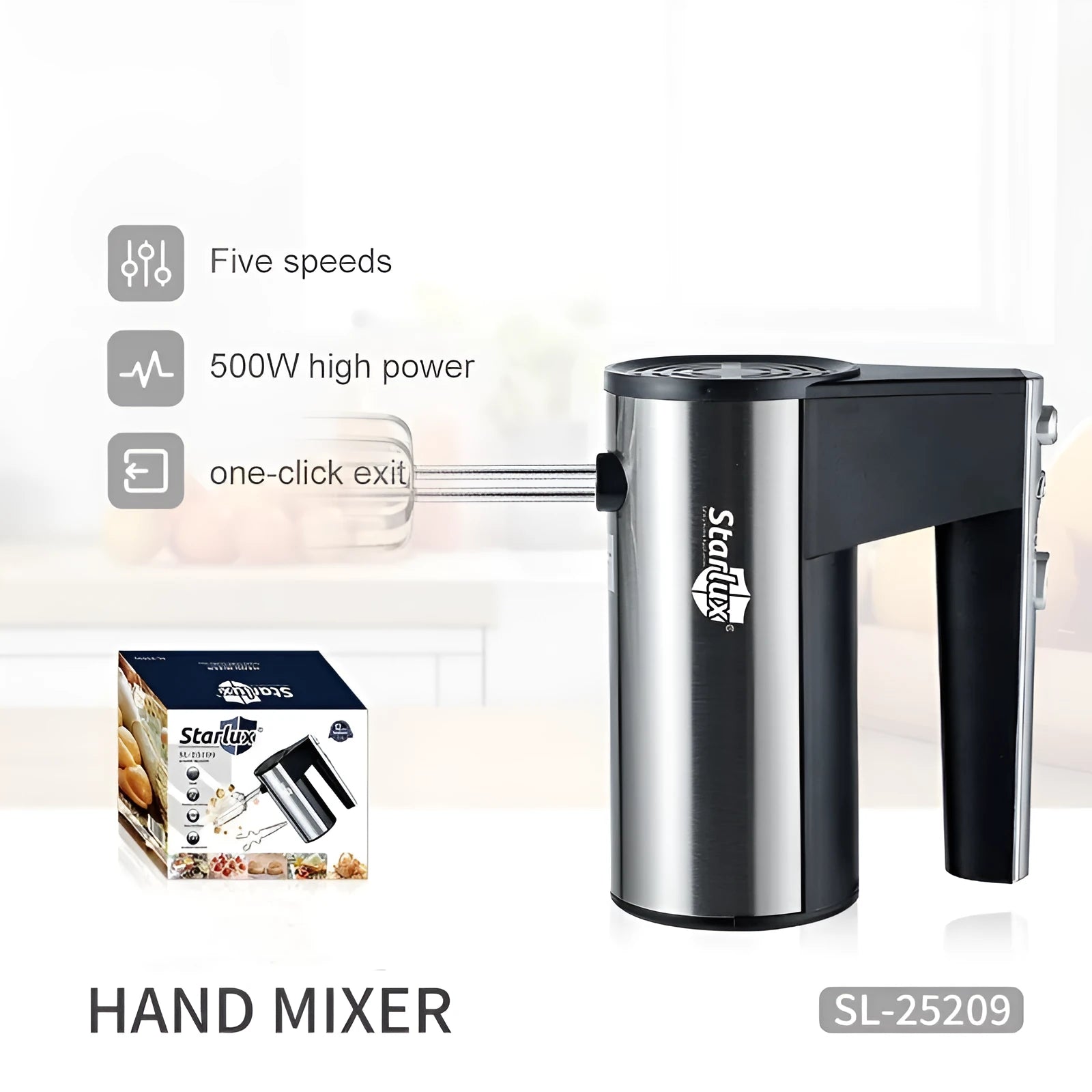 SL-25209 coloured hand-held electric whisk mixer with beaters on a kitchen counter