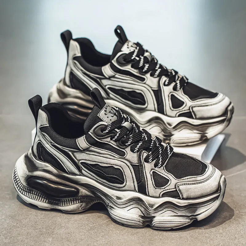 Men's black mesh sneakers with a platform sole and lace-up front on a white background.