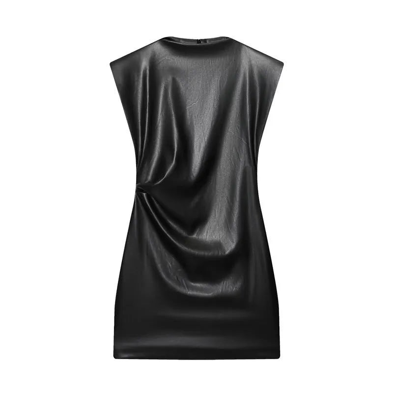 Black women's faux leather padded shoulder short dress with asymmetric hem and hooded design