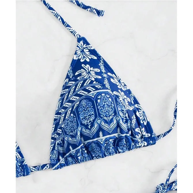 Women's split bikini swimsuit with bandage style and contrast stitching in polyester fabric