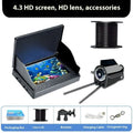 HD underwater fish finder camera with 4.3-inch screen, wide-angle lens, and night vision lights on a box.