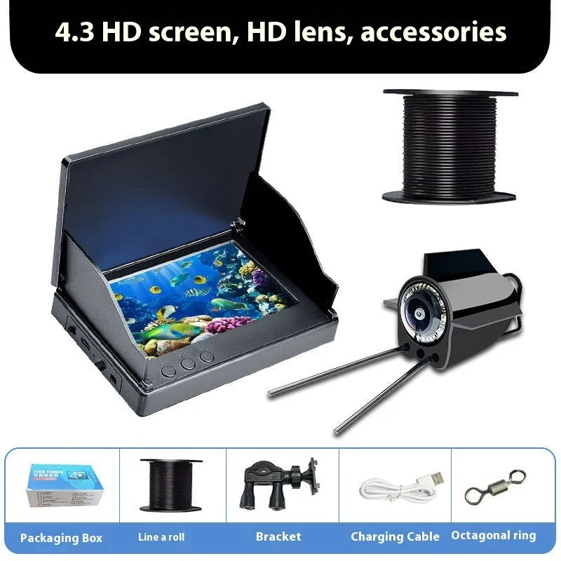 HD underwater fish finder camera with 4.3-inch screen, wide-angle lens, and night vision lights on a box.