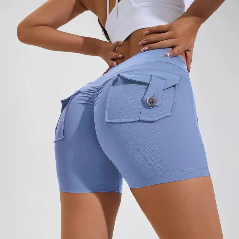 Women's high waist quick-dry nylon sports shorts with pockets in avocado green colour