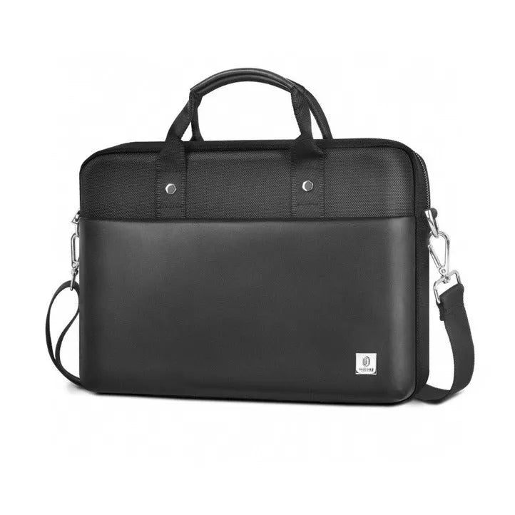 Black Oxford cloth laptop backpack showing multi-pocket organisation and a lock feature.
