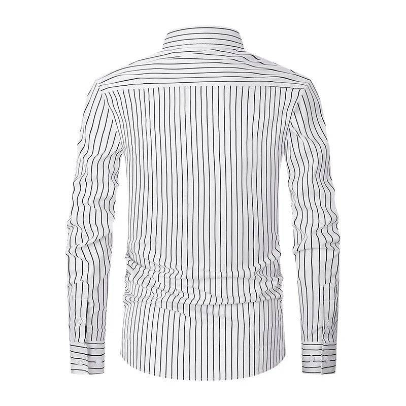 Men's striped long sleeve business shirt in ice silk polyester with cardigan style and slim fit