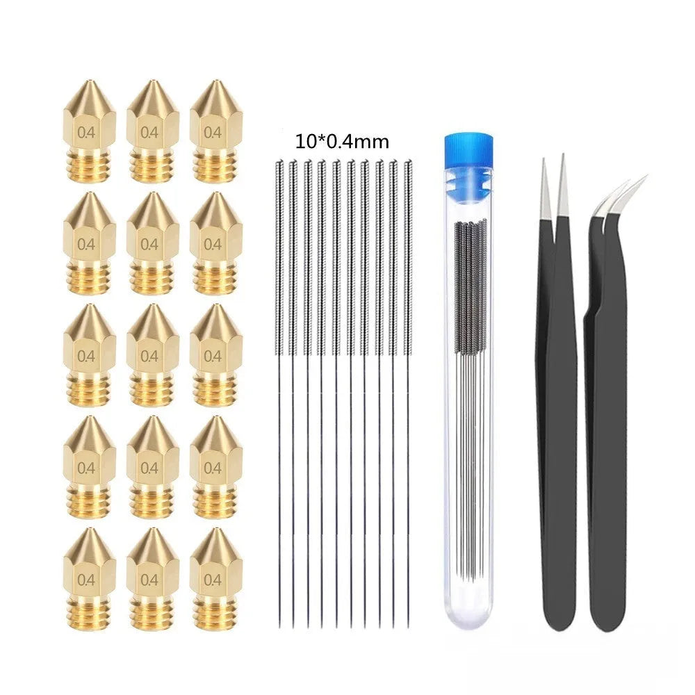 MK8 brass 0.4mm nozzle and stainless steel cleaning pin kit for 3D printer maintenance