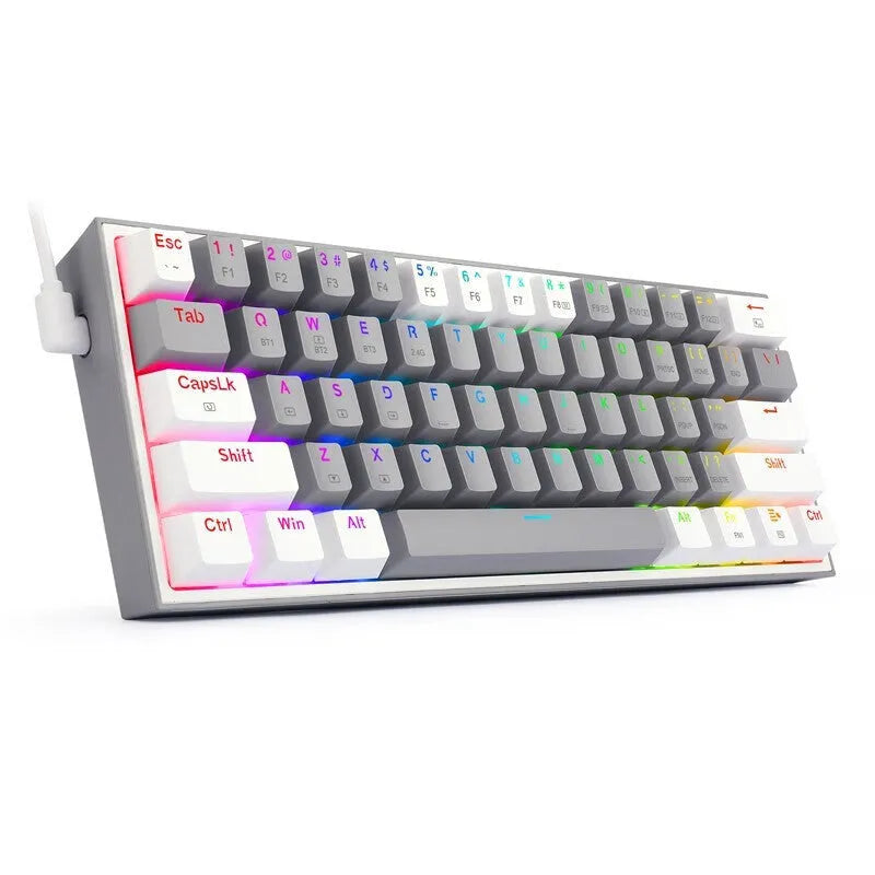 White and pink wired mechanical keyboard with RGB backlighting on dual keycaps.