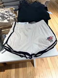 Women's dark blue cotton hot pants shorts with white flag embroidery detail