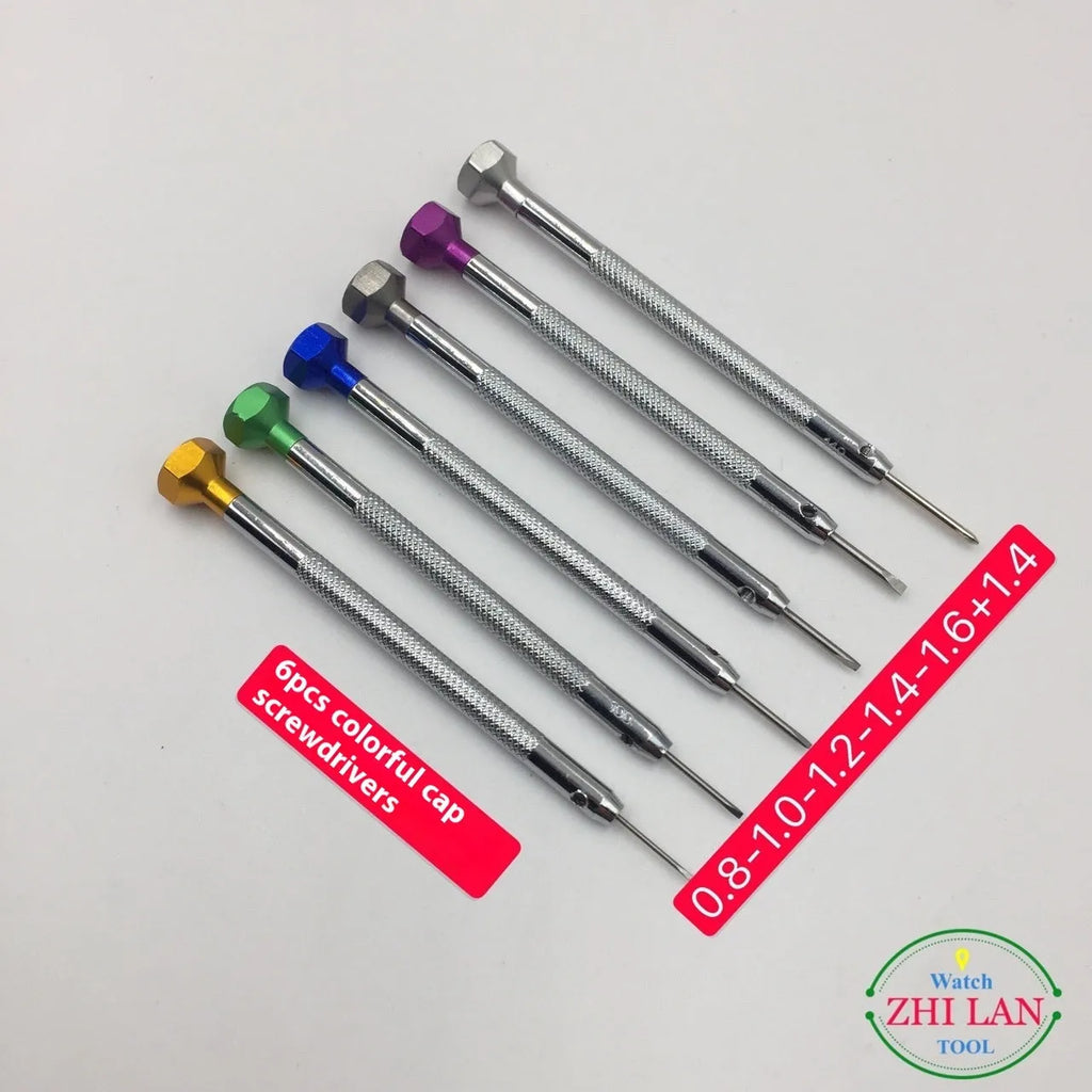 Six colour-coded aluminium handle screwdrivers with copper grips for watch and precision repair work.