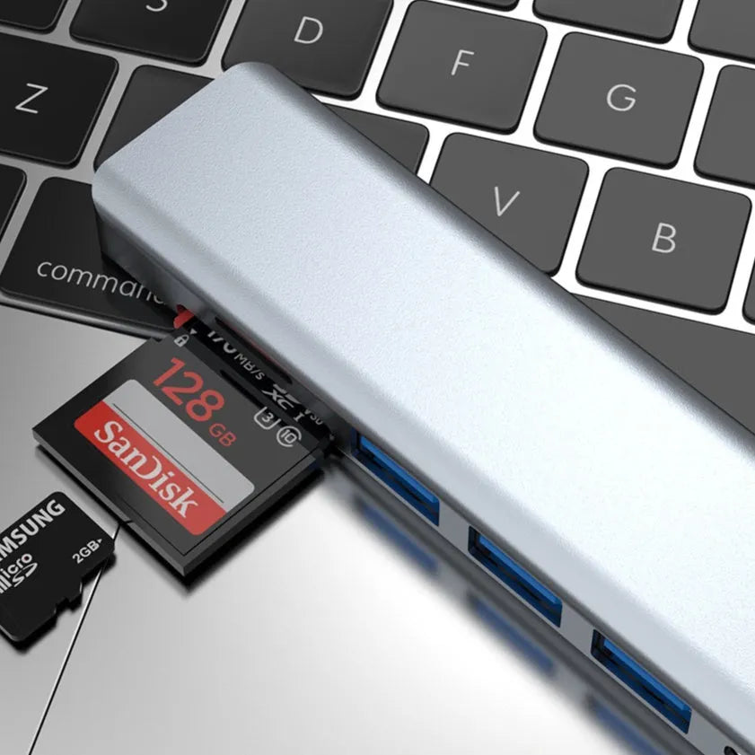 Seven-in-one Type-C USB expander hub with 14.5cm cable showing multiple interface ports