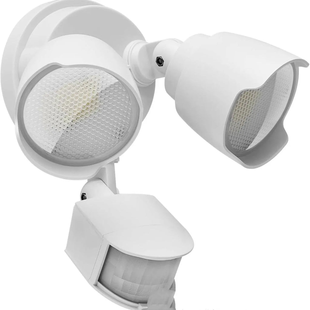 White 120V LED security flood light with infrared motion sensor for outdoor courtyard and garage installation