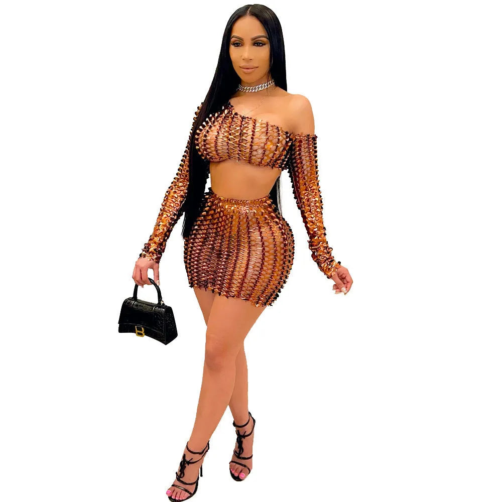 Women's black two-piece dress set with net hole hollow-out design on sleeveless top and short skirt