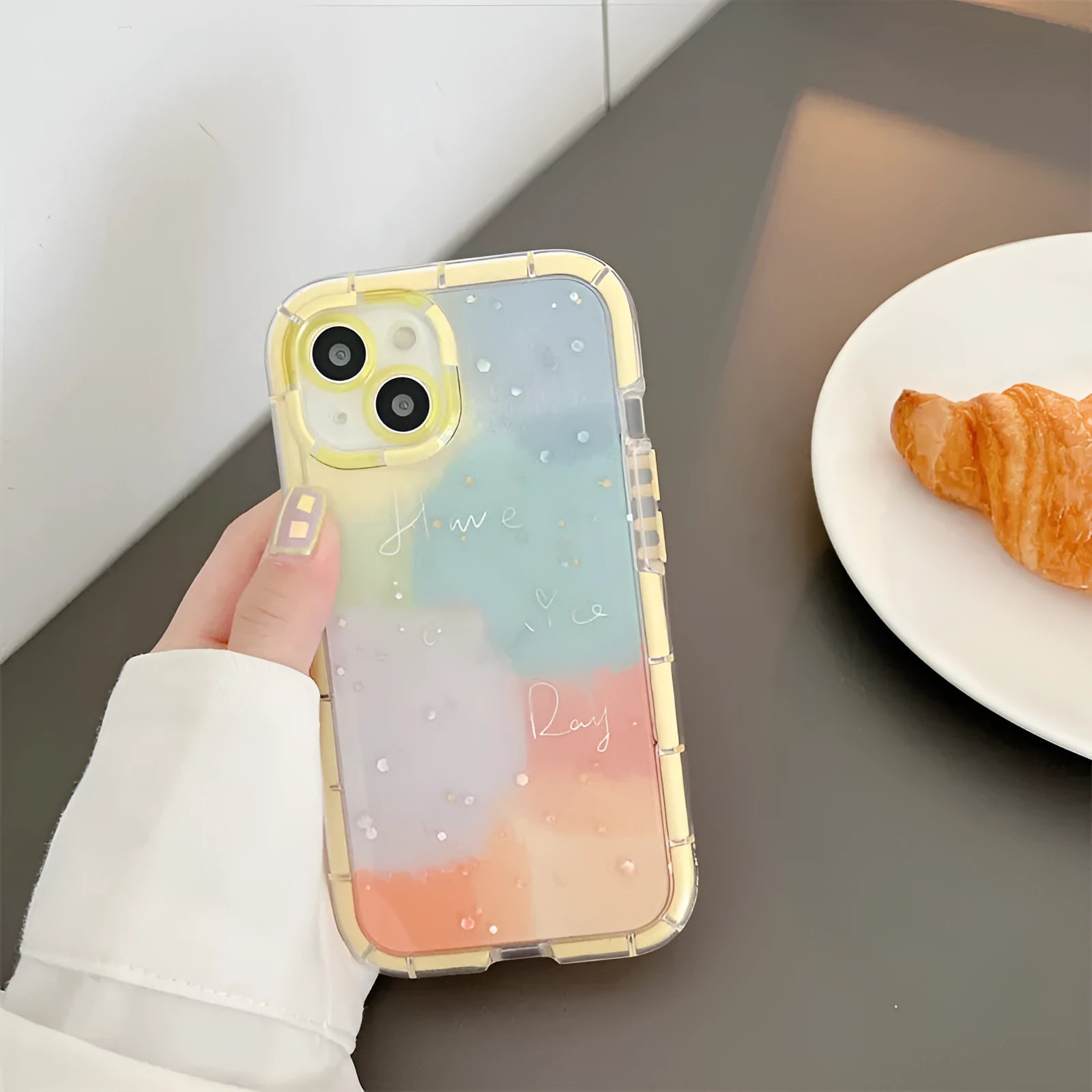 Minimalist contrast colour silicone iPhone case with yellow edge showing front and back views