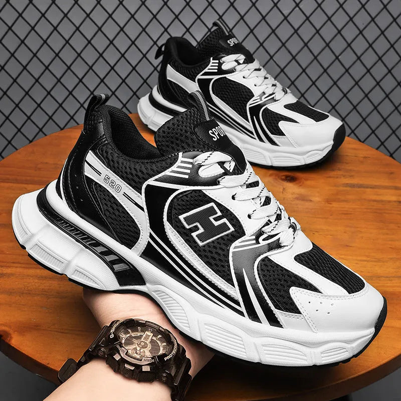 Men's mesh running shoes in black, white grey, or white orange with plastic soles