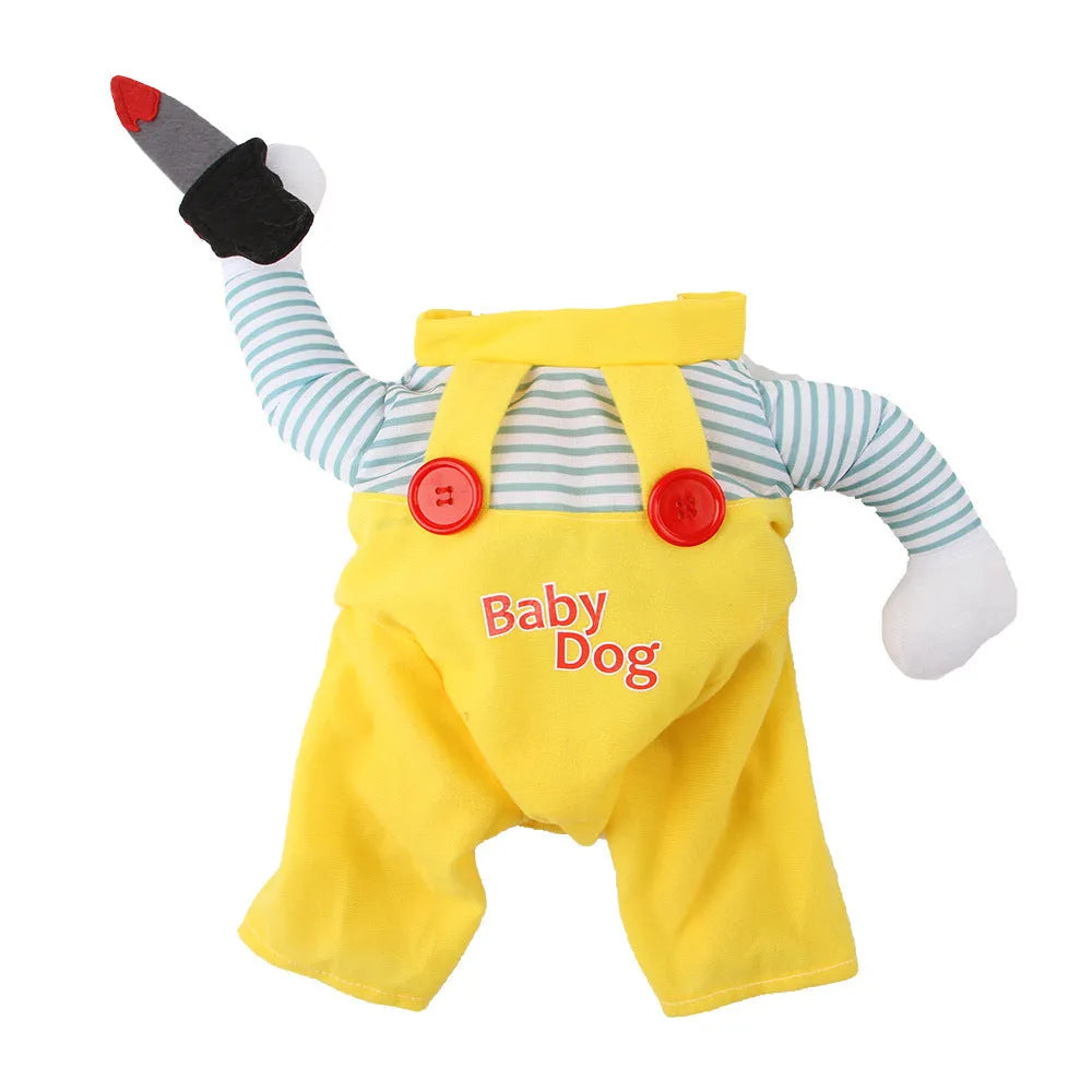 Yellow knife assassin themed cat costume made from polyester fabric in sizes S M L XL