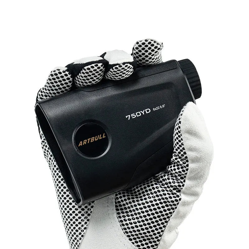 Rechargeable golf laser rangefinder with LCD display showing distance measurement