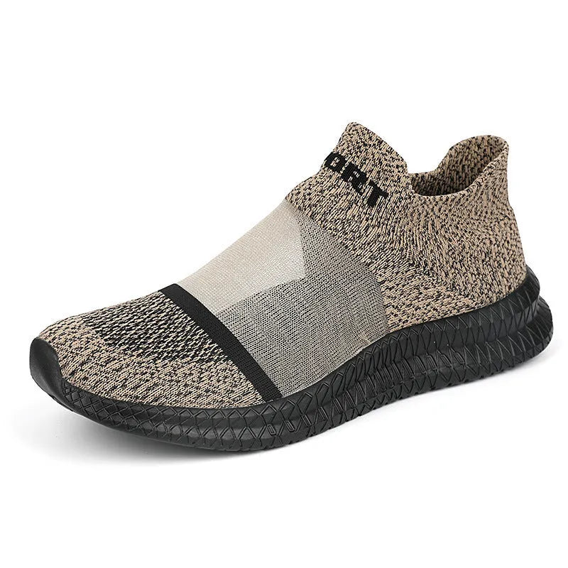 Casual flyknit sock shoes with lace design in khaki colour, showing low-top silhouette and round toe.