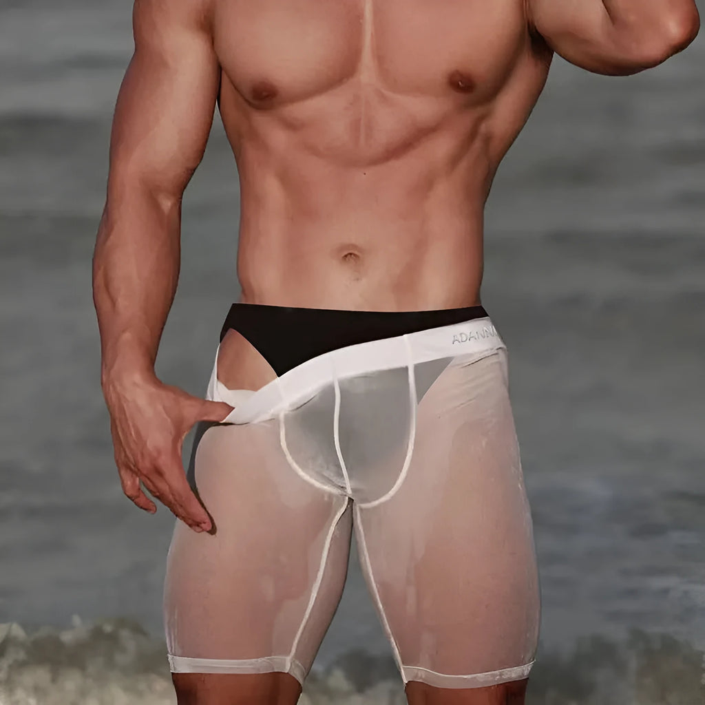 Men's seamless mesh home shorts in nylon knit fabric with hip lifting design