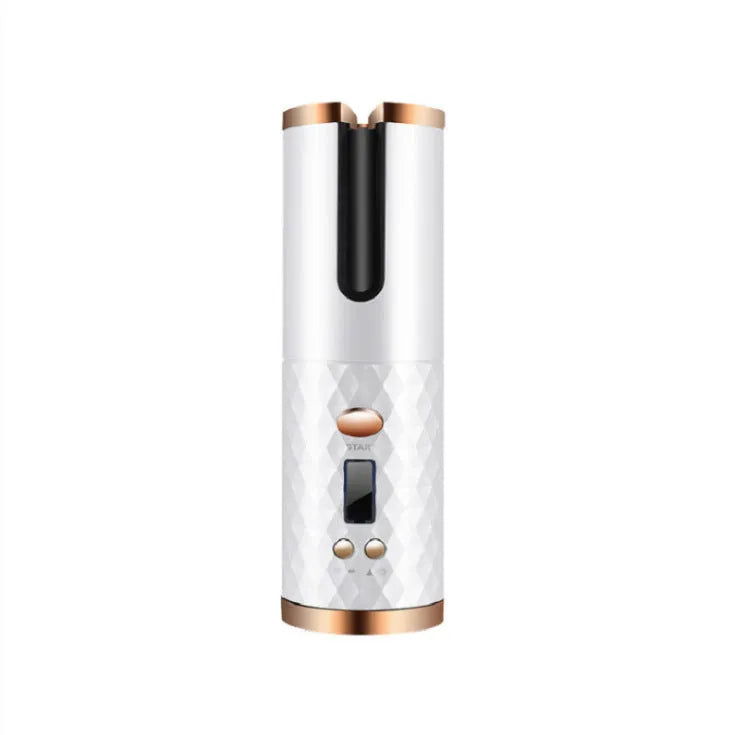 Portable wireless curling iron with USB charging port and gold ceramic barrel in pink colour