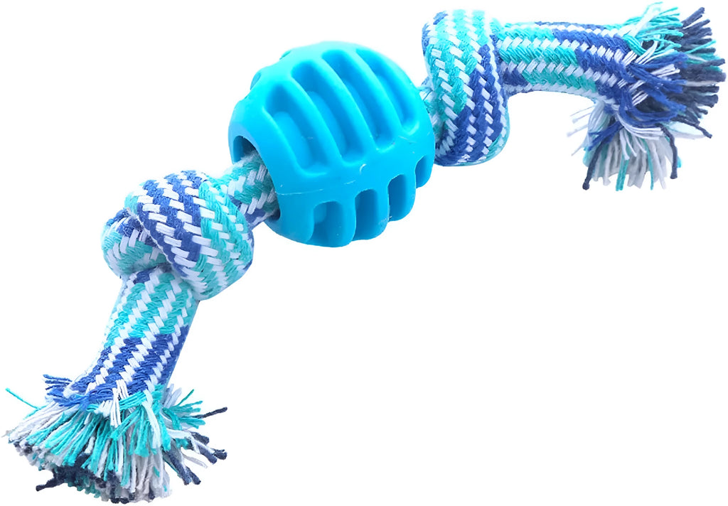 Blue dog chew toy with integrated rope cord for dental cleaning and oral health maintenance