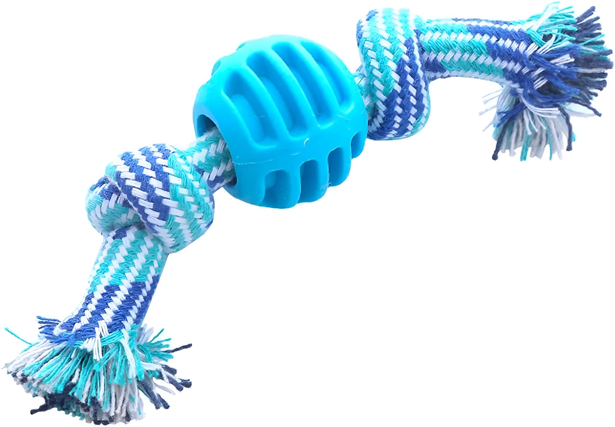 Blue dog chew toy with integrated rope cord for dental cleaning and oral health maintenance